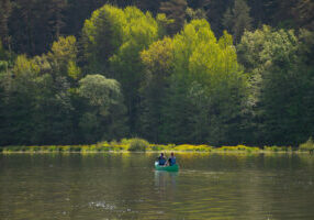 Sur la rivière du Lot, deux personnes font du canoë. En fond de photo, il y a une forêt verdoyante. Ce moment de sport de pleine aire inspire le calme et le repos.